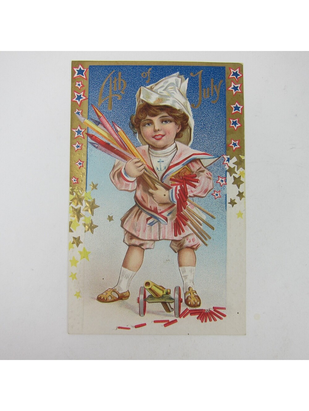 Postcard Independence Day Boy Sailor Suit Firecrackers Stars Patriotic Antique